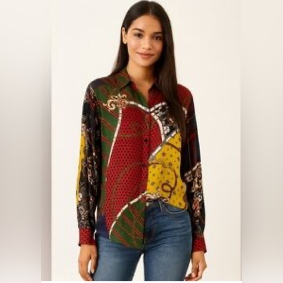 Zara patchwork print button down shirt sz M belts ropes - Picture 1 of 4